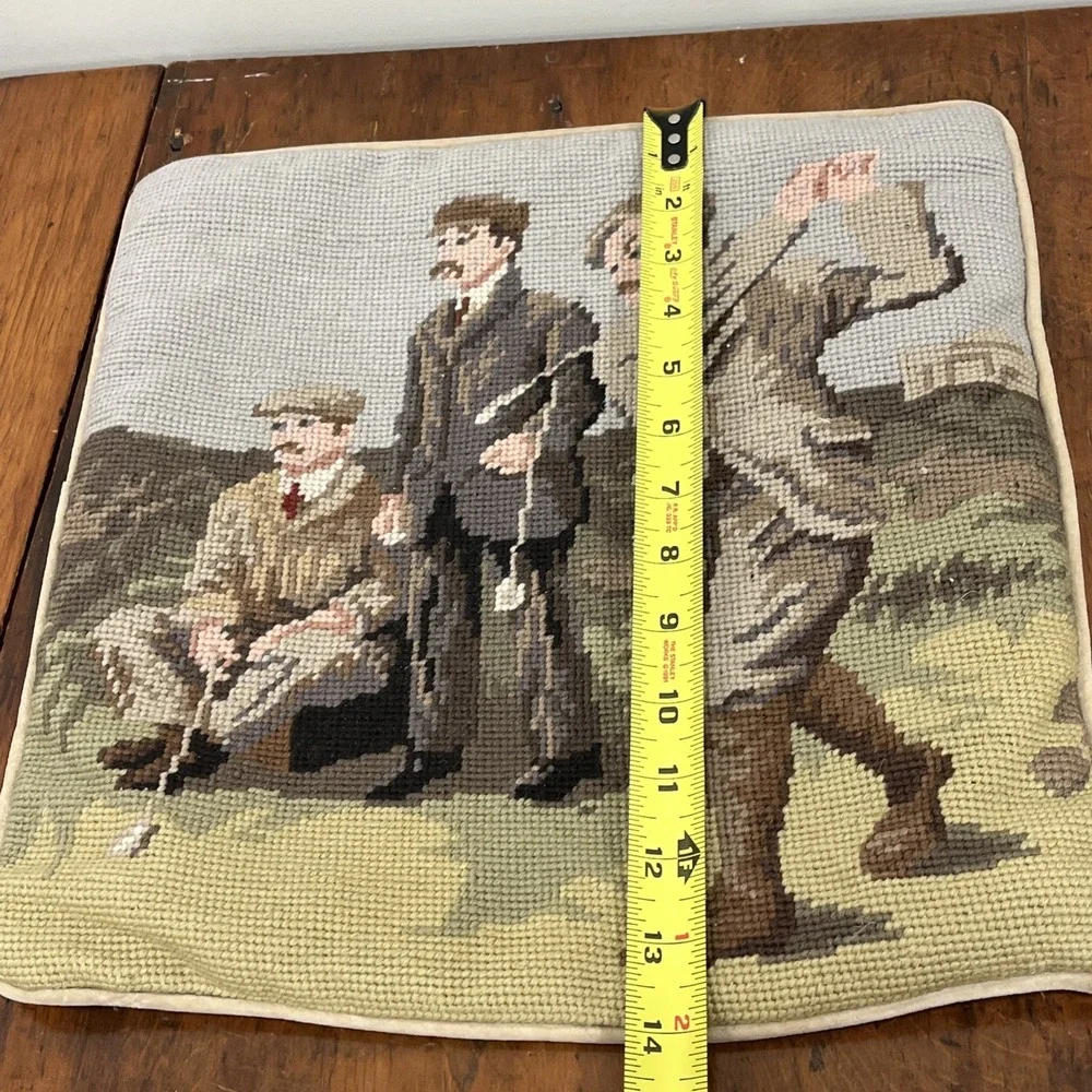 Golfers Needlepoint Pillow-Wool-14 Inches- Velver-Feel Backing‎ With Zipper